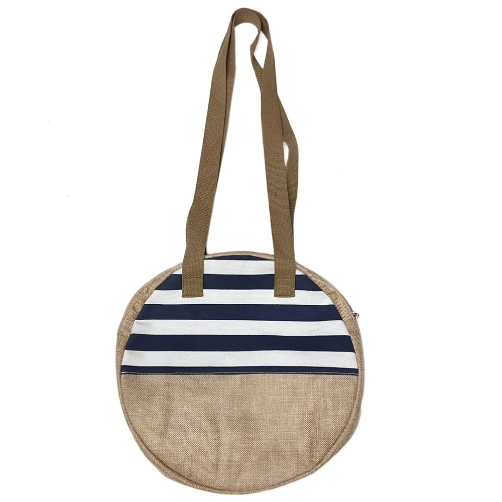 Round Canvas Tote Natural and Navy Blue and White Striped Fabric Beach B… - Picture 2 of 10